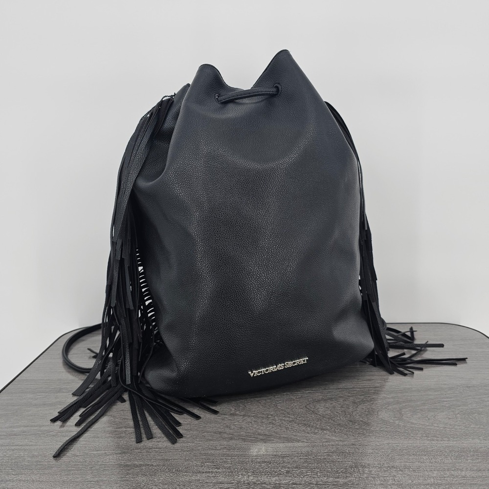 Victorias Secret Fashion Show Backpack Purse Bag Black Faux Leather Fringe Sexy